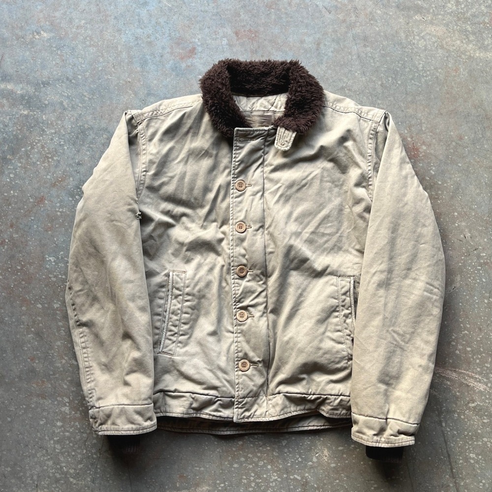 VTG 90s Abercrombie Fitch Mens XL Tan Sherpa Lined Bomber Deck Jacket Distressed - Picture 1 of 10